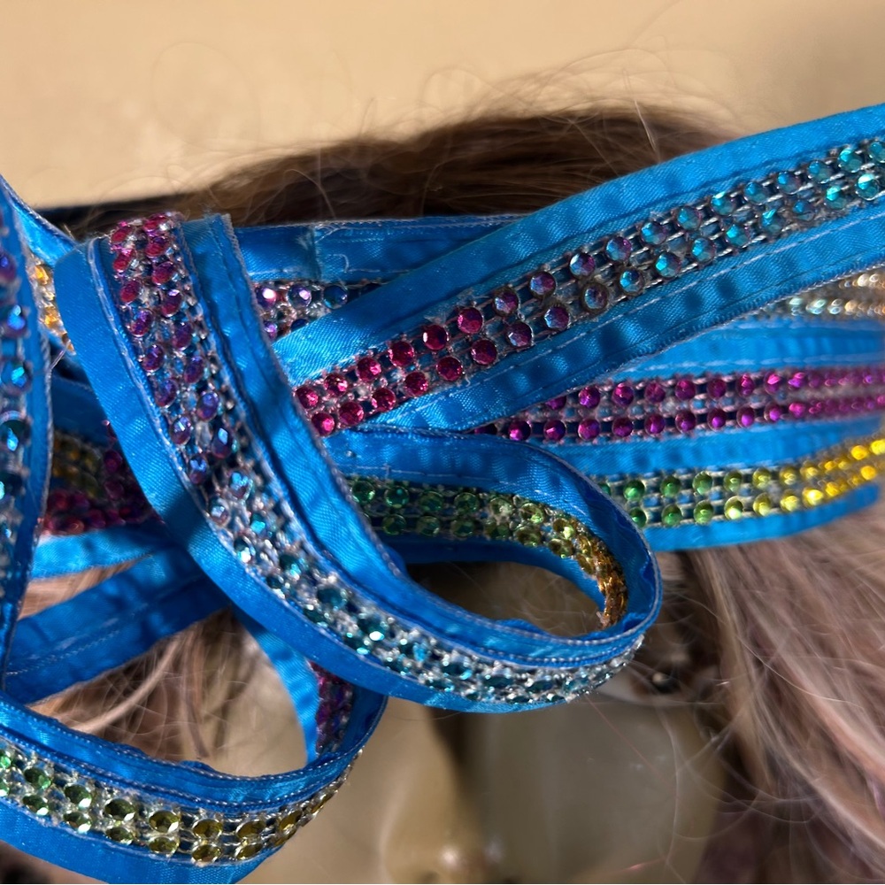 Vibrant Blue Ribbon with Multicolor Rhinestones - Picture 2 of 4